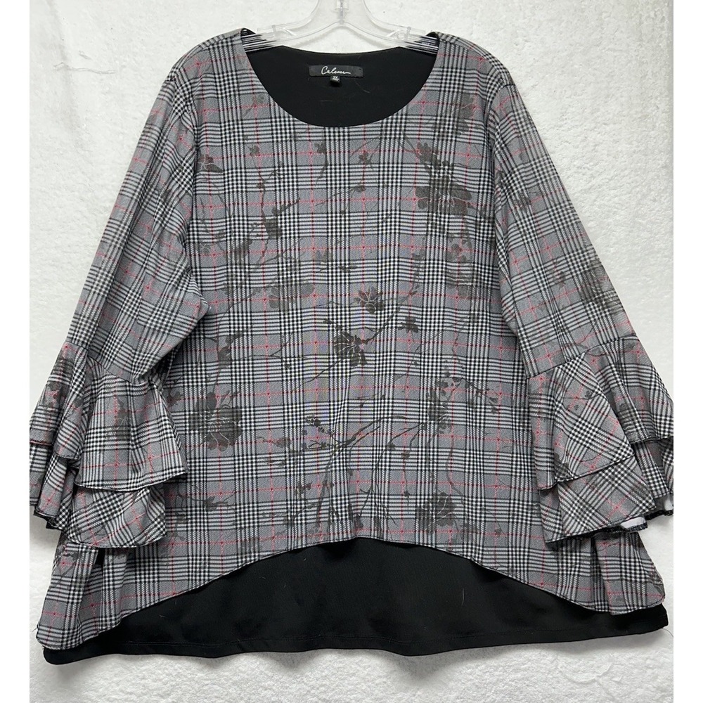 Calessa Womens Size 2X Gray Long Sleeve Floral Embroidered Blouse Top (M8)